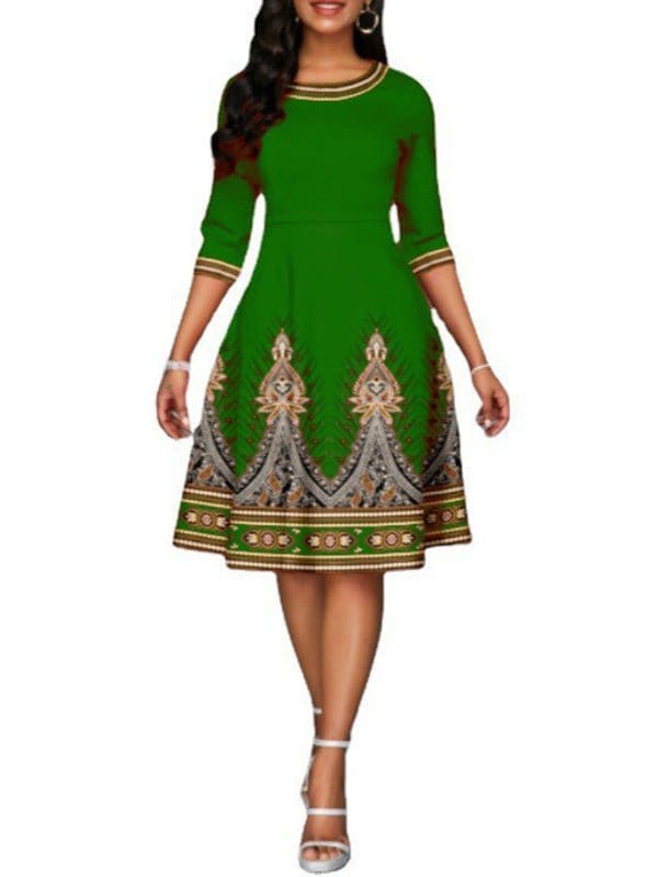 National Style Printed High Waist Mid Sleeve Midi Dress DRE2212215675GRES Green / 2 (S)