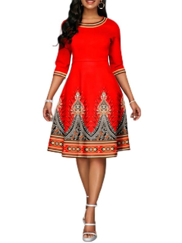 National Style Printed High Waist Mid Sleeve Midi Dress DRE2212215675REDS Red / 2 (S)