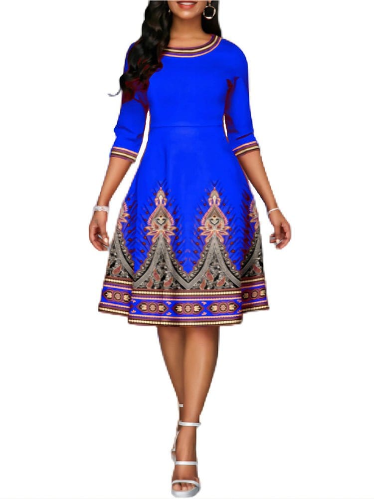 National Style Printed High Waist Mid Sleeve Midi Dress DRE2212215675BLUS Blue / 2 (S)