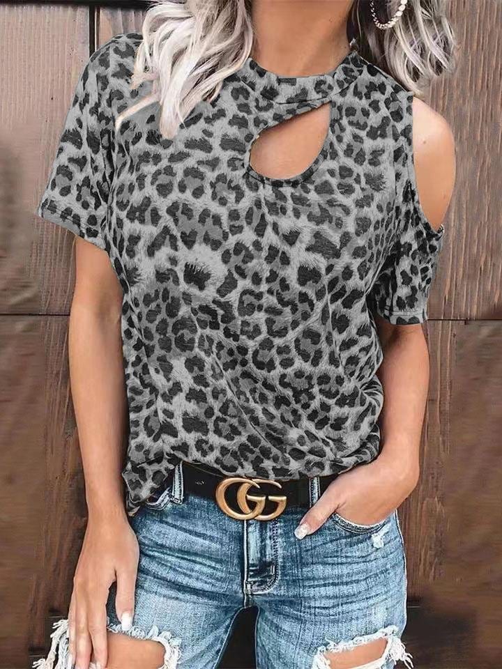 Off-Shoulder Leopard Print Hollow Short Sleeve T-Shirt TSH2107121448GRAS Gray / 2 (S)