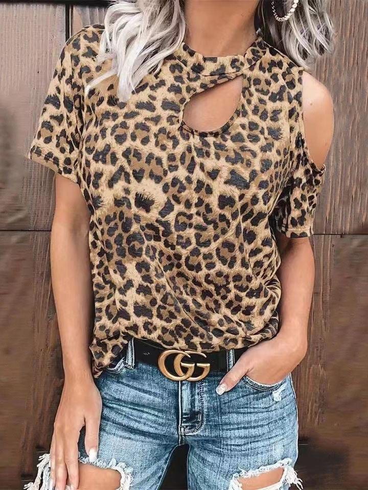 Off-Shoulder Leopard Print Hollow Short Sleeve T-Shirt TSH2107121448KHAS Khaki / 2 (S)