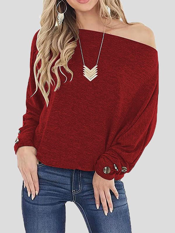 Off The Shoulder Solid Button Long Sleeve T-Shirt TSH2108201661CLAS DarkRed / 2 (S)