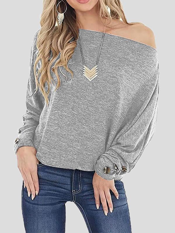 Off The Shoulder Solid Button Long Sleeve T-Shirt TSH2108201661GRES Gray / 2 (S)