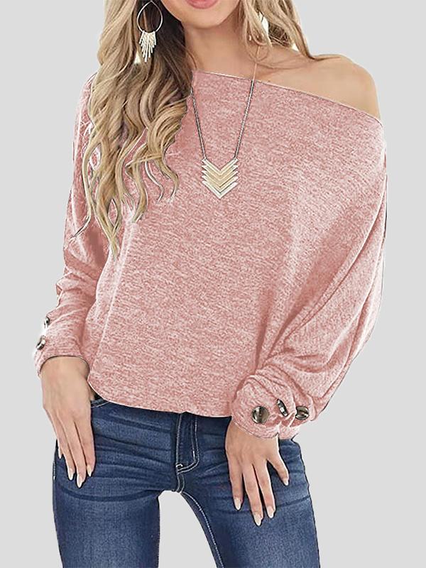 Off The Shoulder Solid Button Long Sleeve T-Shirt TSH2108201661PINS Pink / 2 (S)