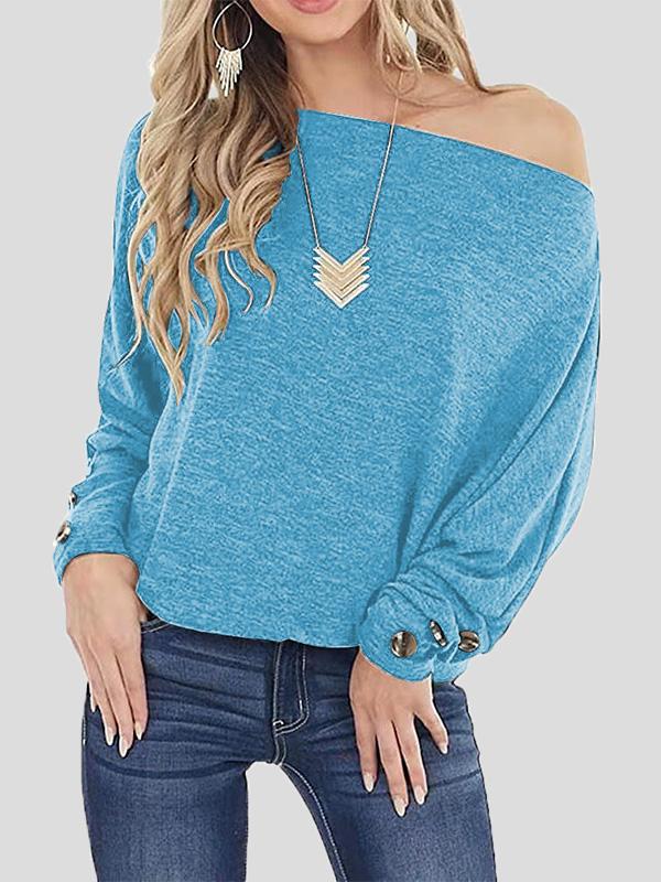 Off The Shoulder Solid Button Long Sleeve T-Shirt TSH2108201661CERS SkyBlue / 2 (S)