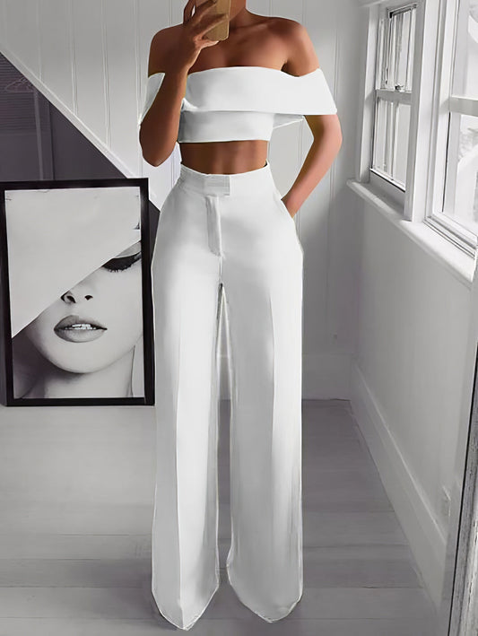 One-Shoulder Crop Top & Mopping Pants Two-Piece Suit Set2106180049WHIS White / 2 (S)