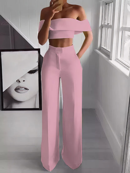 One-Shoulder Crop Top & Mopping Pants Two-Piece Suit Set2106180049PINS Pink / 2 (S)