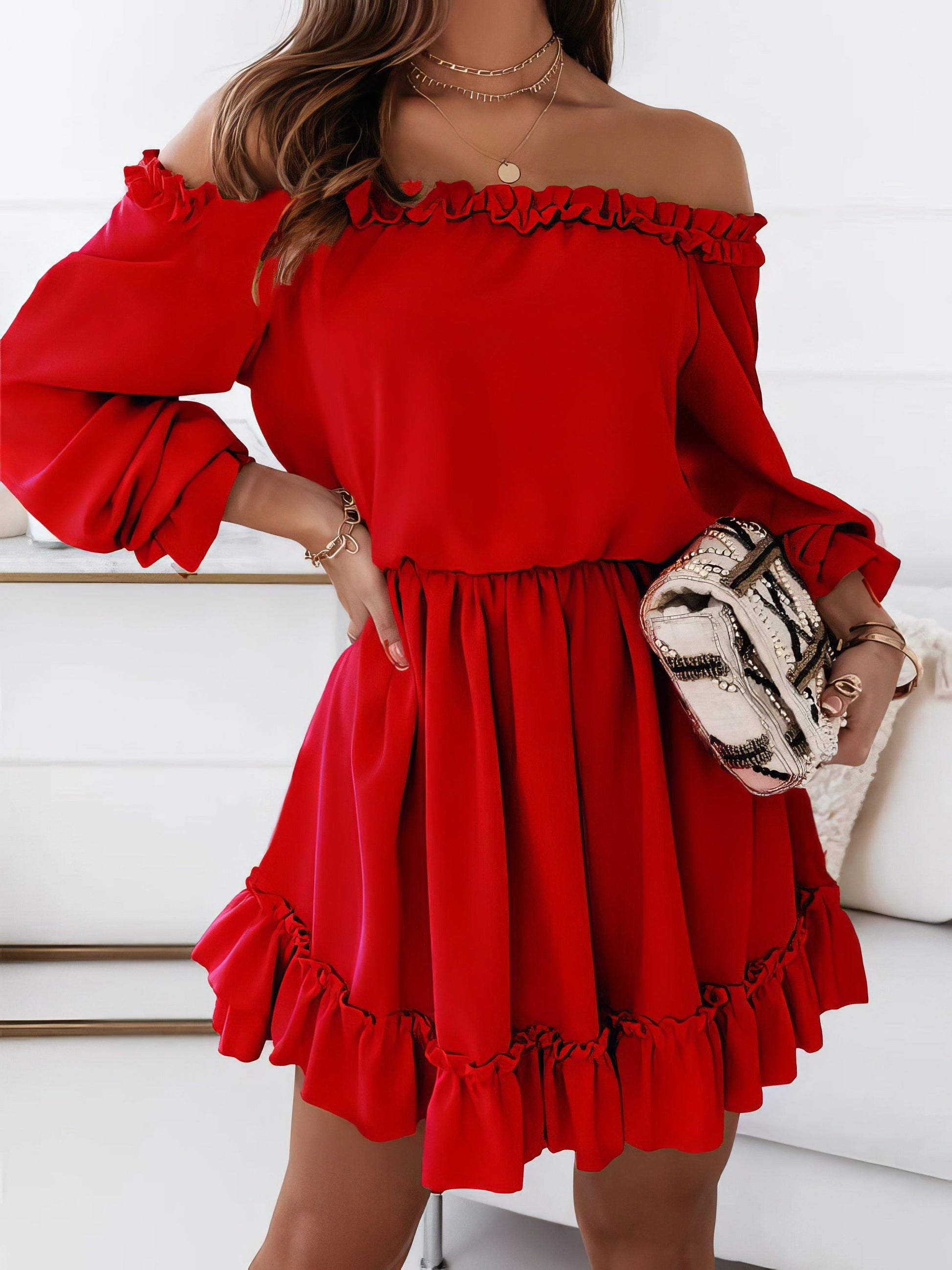 One-Shoulder Elastic Waist Long Sleeve Dress DRE2208295283REDS Red / 2 (S)