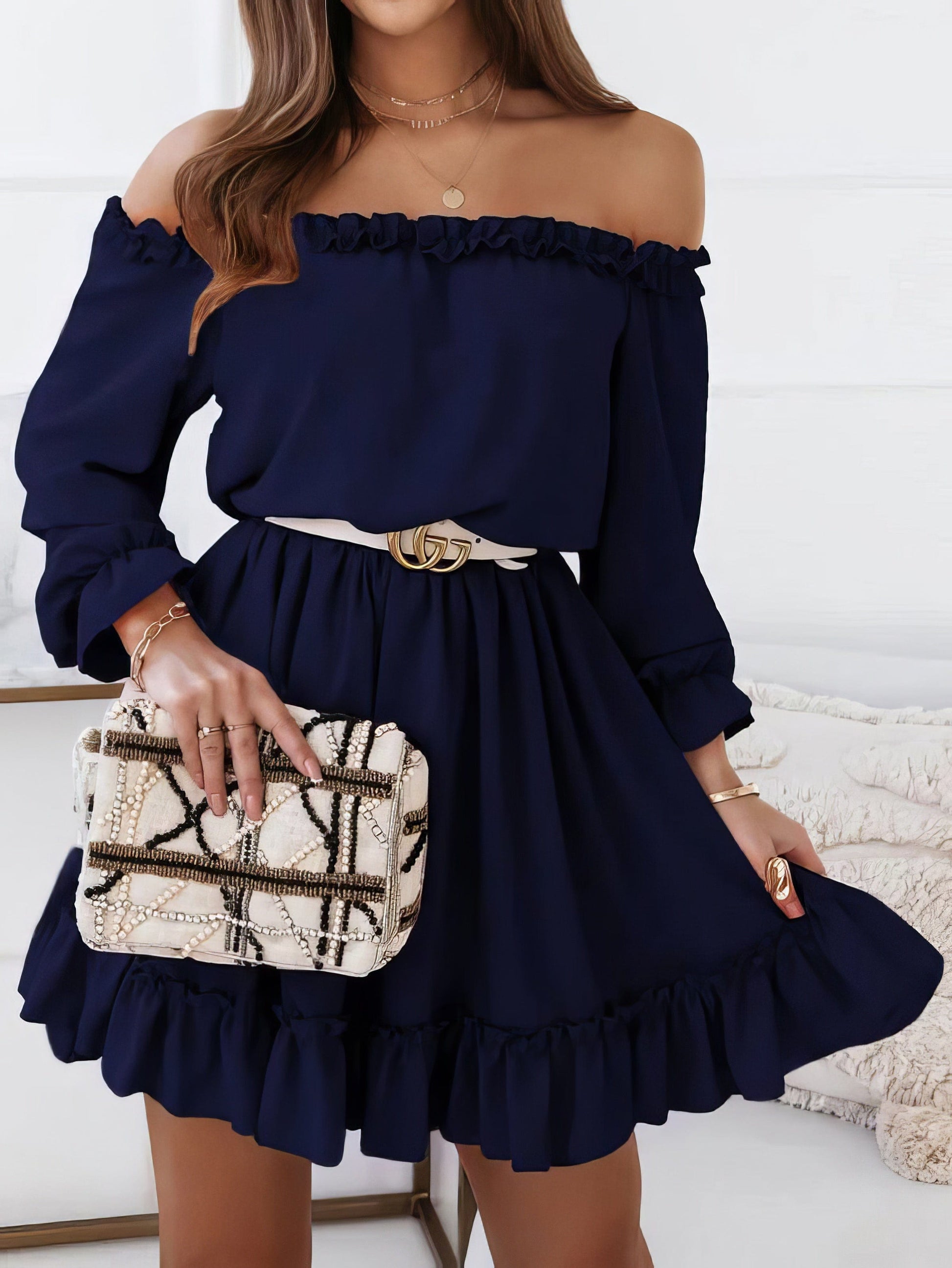 One-Shoulder Elastic Waist Long Sleeve Dress