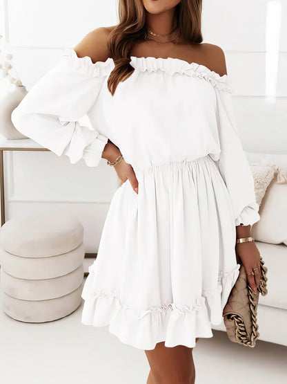 One-Shoulder Elastic Waist Long Sleeve Dress DRE2208295283WHIS White / 2 (S)