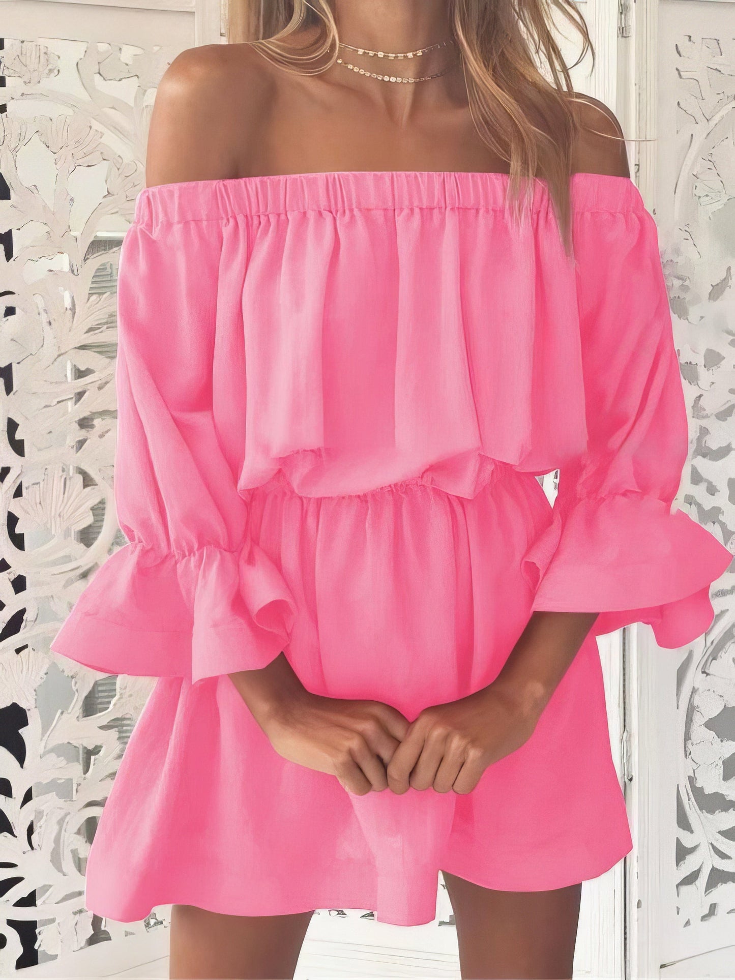 One shoulder Waisted Three-quarter Sleeve Dress DRE2106050058PINS Pink / 2 (S)