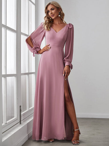 Open Lantern Sleeve A-Line Bridesmaid Dress DRE2310040005RBN4 RosyBrown / 4