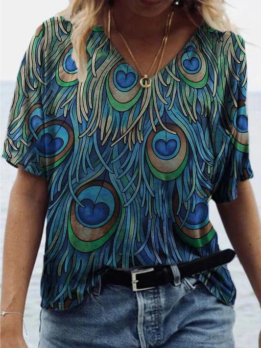 Peacock Feather Print Short-sleeved T-shirt TSH2106090275BLUS Blue / 2 (S)