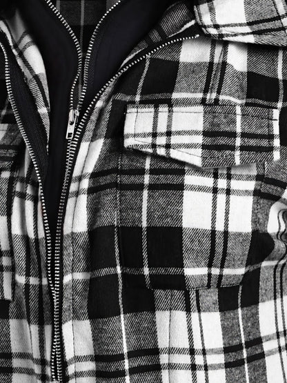 Plaid Pocket Zipper Long Sleeve Hooded Coats