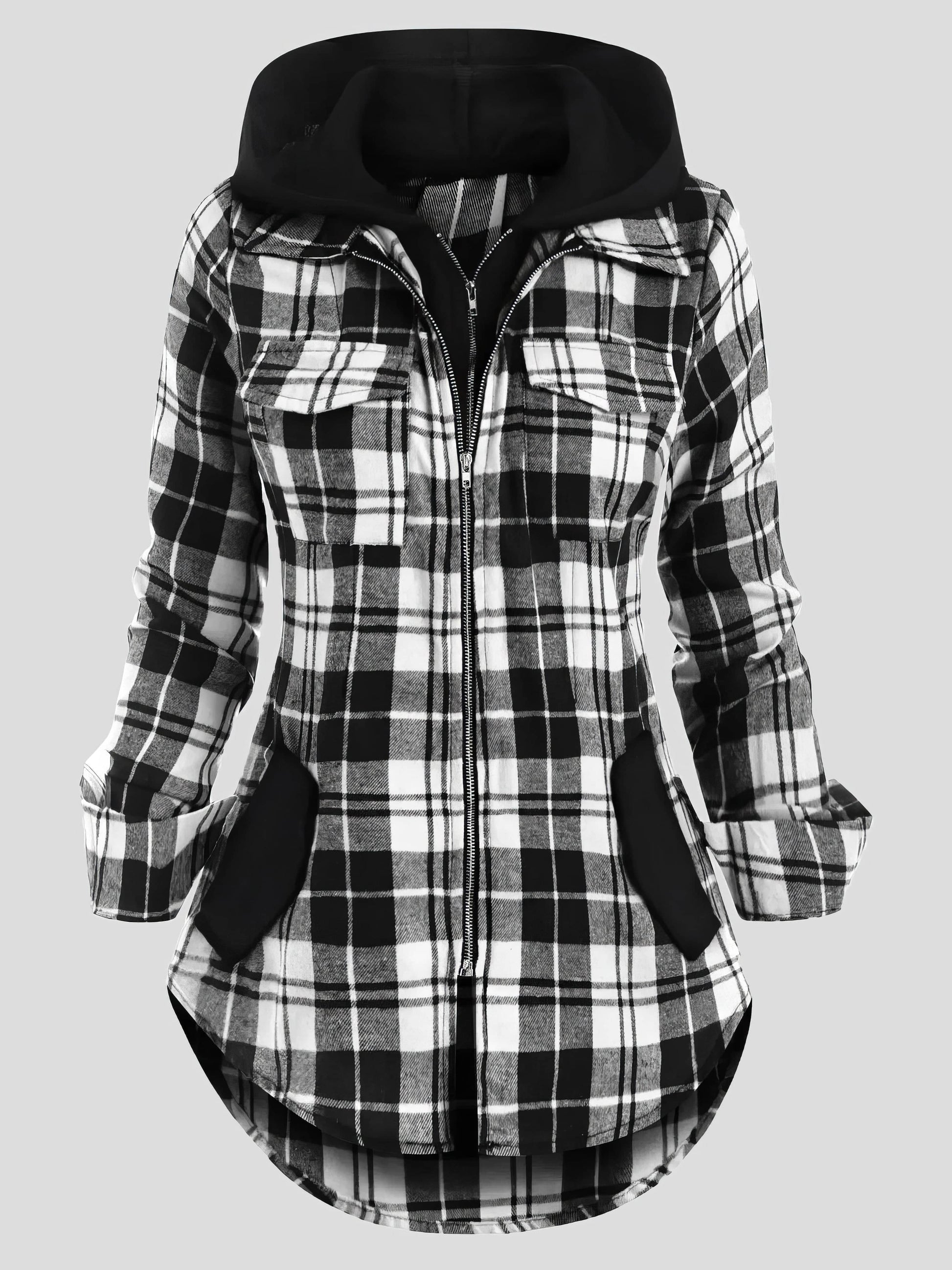 Plaid Pocket Zipper Long Sleeve Hooded Coats COA2112131355BLAS Black / 2 (S)