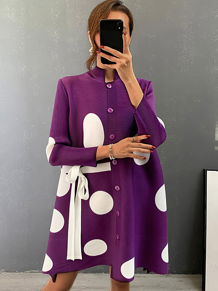 Pleated Polka Dot Tie Stand Collar Mini Dress DRE2303270109PURONESIZE Purple / 4/6(M)