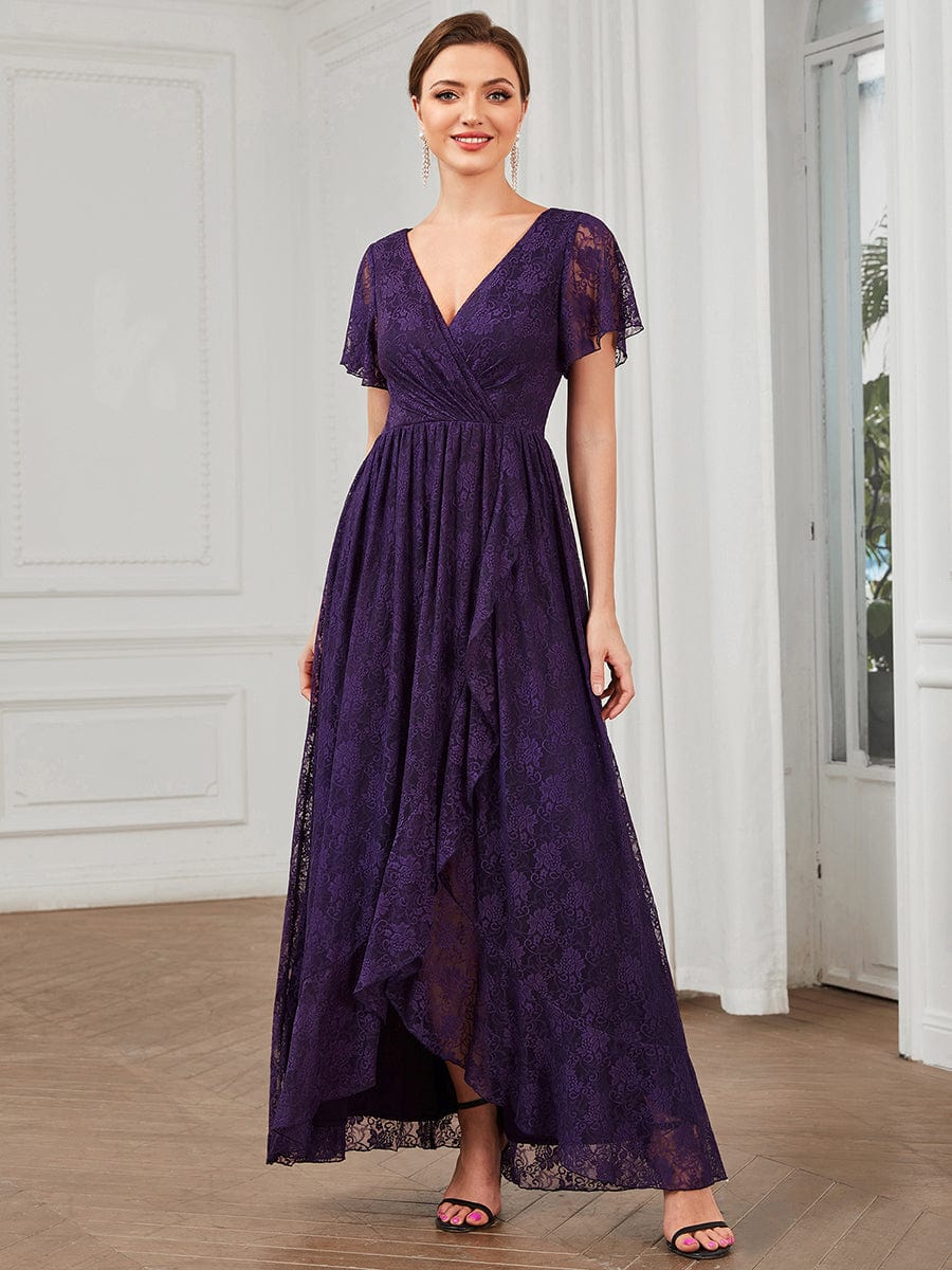 Pleated V-Neck Short Sleeve Ruffled Lace Evening Dress DRE230972553DPH4 Purple / 4