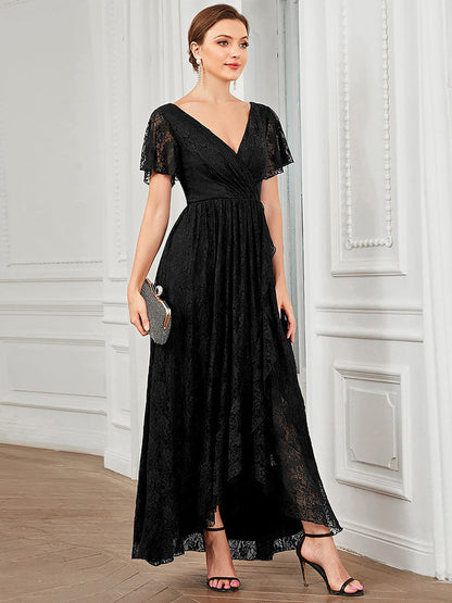 Pleated V-Neck Short Sleeve Ruffled Lace Evening Dress DRE230972541BLK4 Black / 4
