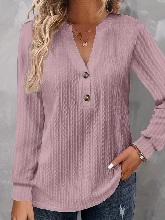 Plus Size Casual Top, Women's Plus Solid Cable Long Sleeve Button Decor V Neck Slight Stretch Top PLU2309A8211PNK1XL(14) Pink / 1XL(14)