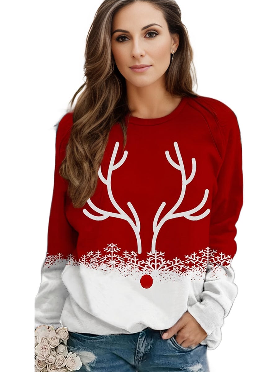 Plus Size Christmas Casual Sweatshirt, Women's Plus Snowflake & Antler Print Long Sleeve Round Neck Medium Stretch Pullover Top
