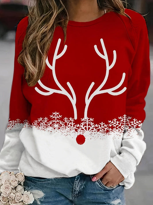 Plus Size Christmas Casual Sweatshirt, Women's Plus Snowflake & Antler Print Long Sleeve Round Neck Medium Stretch Pullover Top PLU2309A7901RED0XL(12) Red / 0XL(12)