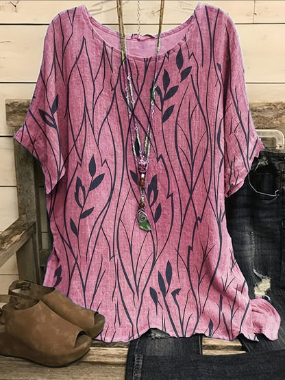 Plus Size Elegant  T-shirt, Women's Plus Casual Floral Print Round Neck Half Sleeve Tee PLU2309A4117PNK1XL(14) Pink / 1XL(14)