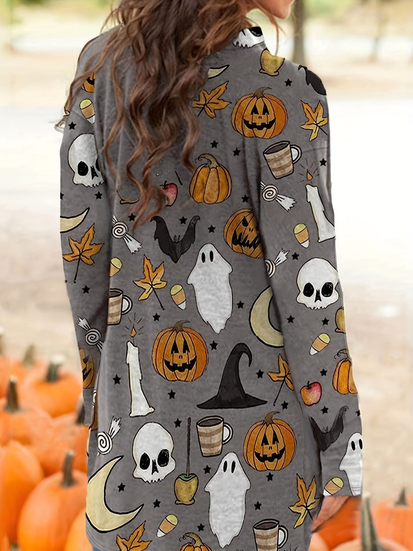 Plus Size Halloween Cardigan, Women's Plus Cartoon Pumpkin & Skull Print Long Sleeve Open Front Sweater Cardigan