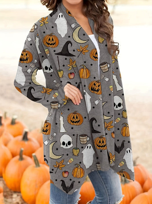 Plus Size Halloween Cardigan, Women's Plus Cartoon Pumpkin & Skull Print Long Sleeve Open Front Sweater Cardigan PLU2309B5001DGY1XL(14) DarkGray / 1XL(14)