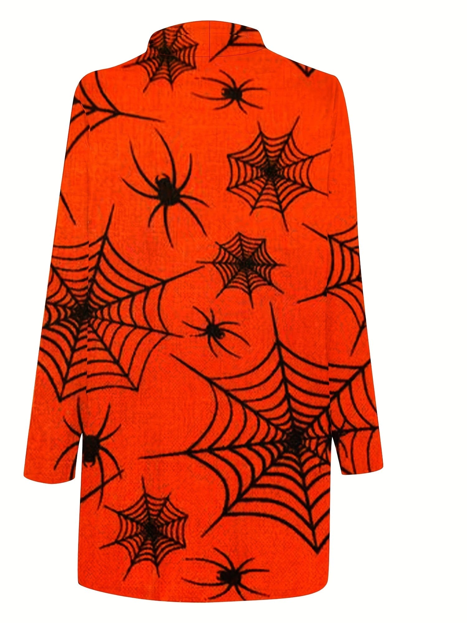 Plus Size Halloween Casual Cardigan, Women's Plus Cute Ghost & Spiderweb & Skull Print Long Sleeve Open Front High Stretch Cardigan