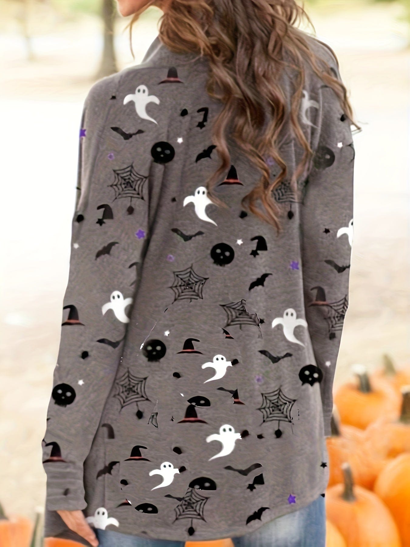 Plus Size Halloween Casual Cardigan, Women's Plus Cute Ghost & Spiderweb & Skull Print Long Sleeve Open Front High Stretch Cardigan