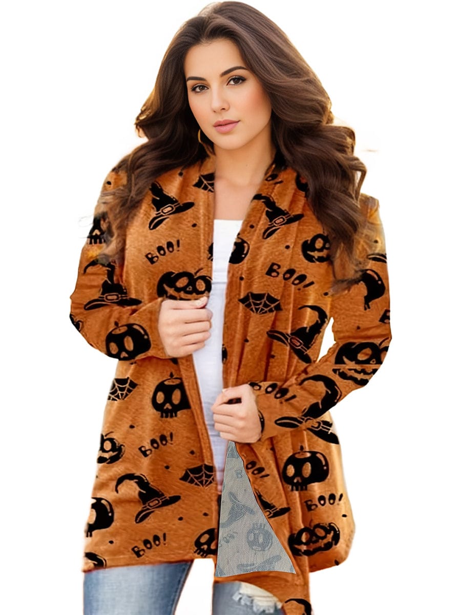 Plus Size Halloween Casual Cardigan, Women's Plus Graphic Print Long Sleeve Open Front Cardigan