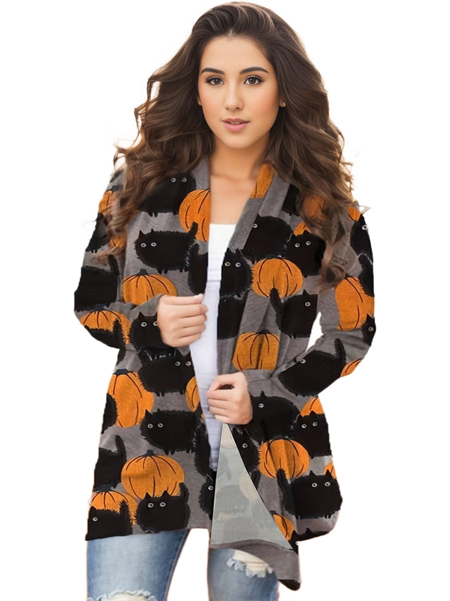 Plus Size Halloween Casual Cardigan, Women's Plus Graphic Print Long Sleeve Open Front Cardigan
