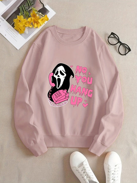 Plus Size Halloween Casual Sweatshirt, Women's Plus Skull & Slogan Print Long Sleeve Round Neck Slight Stretch Sweatshirt PLU2309A6811PPG1XL(14) Pink / 1XL(14)