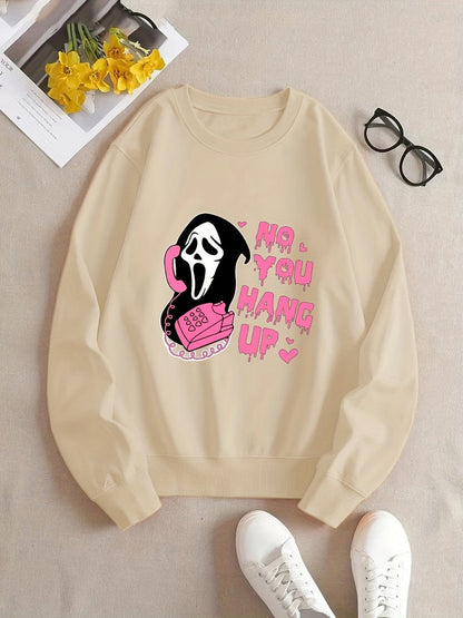 Plus Size Halloween Casual Sweatshirt, Women's Plus Skull & Slogan Print Long Sleeve Round Neck Slight Stretch Sweatshirt PLU2309A6806APT1XL(14) Beige / 1XL(14)