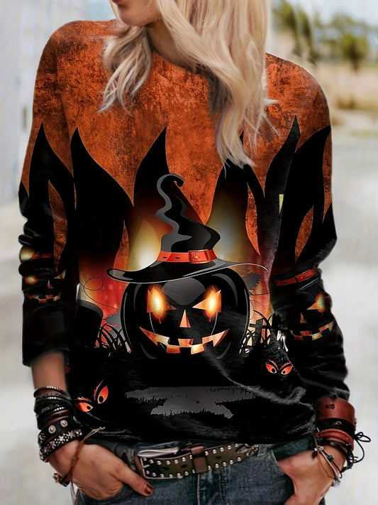Plus Size Halloween Casual Sweatshirt, Women's Plus Witch Hat Pumpkin Print Long Sleeve Round Neck Pullover Top