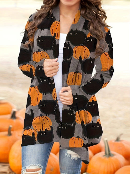 Plus Size Halloween Coat, Women's Pus Allover Cat & Pumpkin Print Long Sleeve Open Front Medium Stretch Cardigan Overcoat