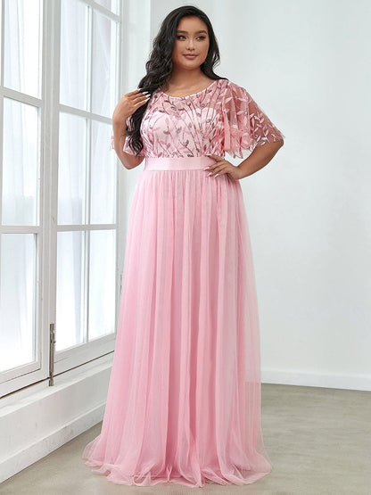 Plus Size Sequin Bodice Long Formal Evening Dresses DRE230977489PNK16 Pink / 16