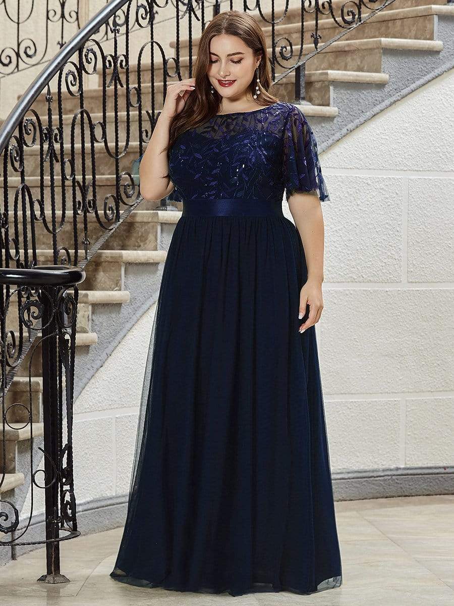 Plus Size Sequin Bodice Long Formal Evening Dresses DRE230977409NBY16 Navy / 16