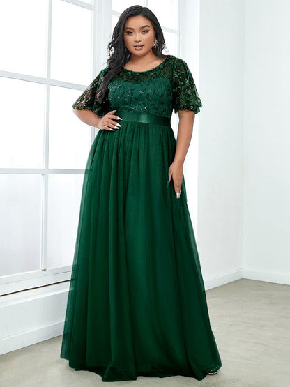 Plus Size Sequin Bodice Long Formal Evening Dresses DRE230977425DGV16 DarkGreen / 16