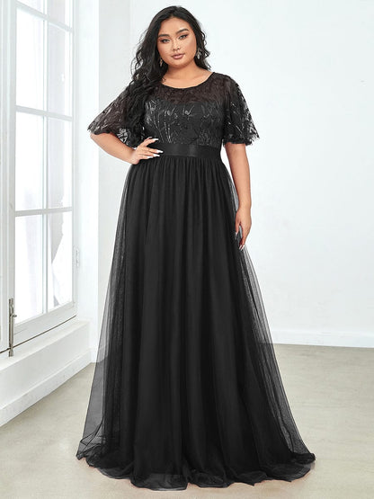 Plus Size Sequin Bodice Long Formal Evening Dresses DRE230977457BLK16 Black / 16