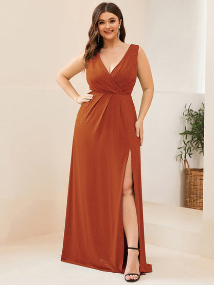 Plus Size Shiny V Neck Side Slit Formal Evening Dress DRE230977531BOR16 OrangeRed / 16