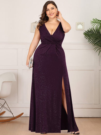 Plus Size Shiny V Neck Side Slit Formal Evening Dress DRE230977507DPH16 Purple / 16