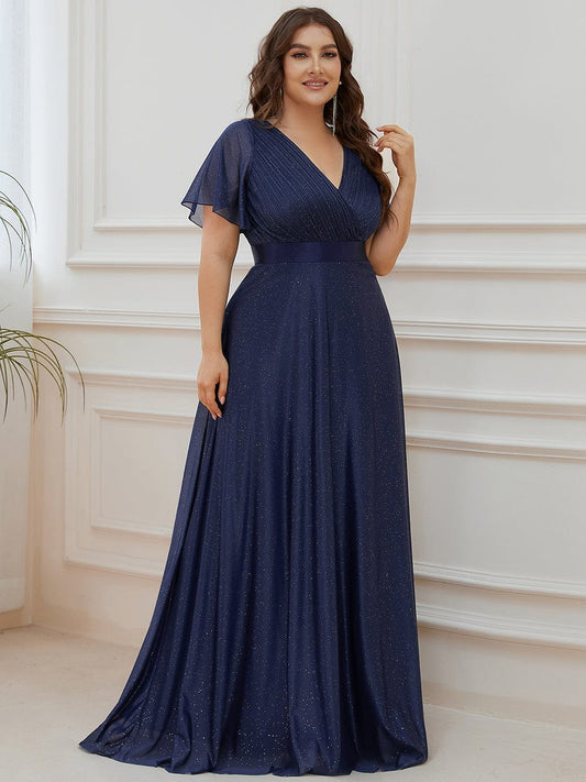 Plus Size V Neck Ribbon Waist Formal Evening Dress With Sleeves DRE230975801NBY16 Navy / 16