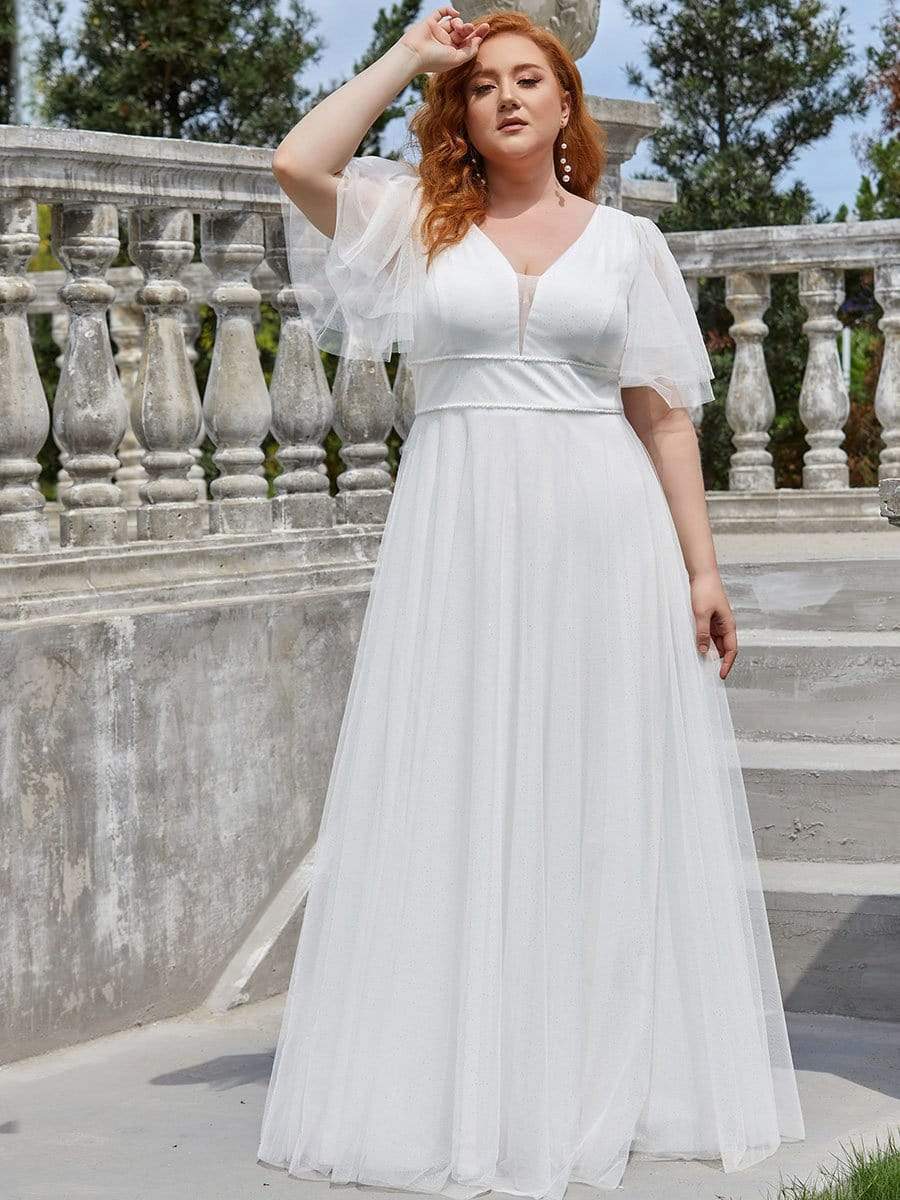 Plus Size V Neck Tulle Formal Evening Dress with Ruffle Sleeves DRE230972235CRM16 White / 16