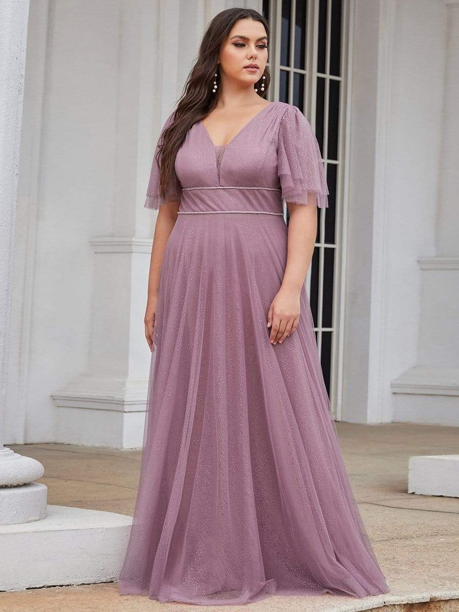 Plus Size V Neck Tulle Formal Evening Dress with Ruffle Sleeves DRE230972231POH16 RosyBrown / 16