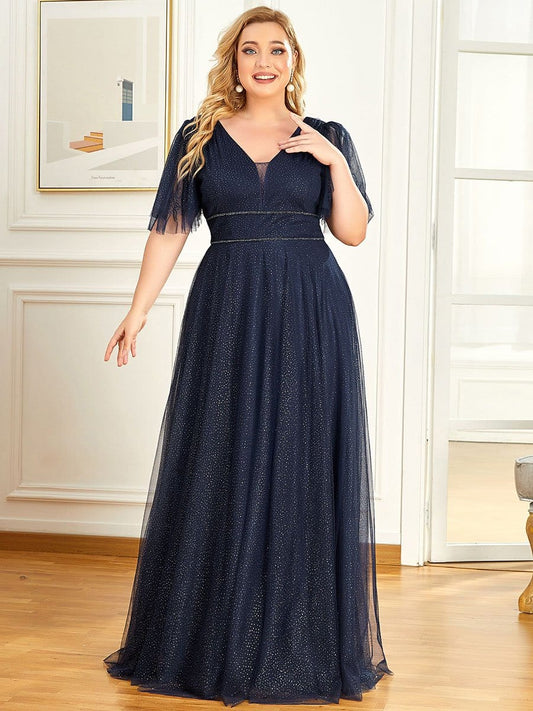 Plus Size V Neck Tulle Formal Evening Dress with Ruffle Sleeves DRE230972201NBY16 Navy / 16
