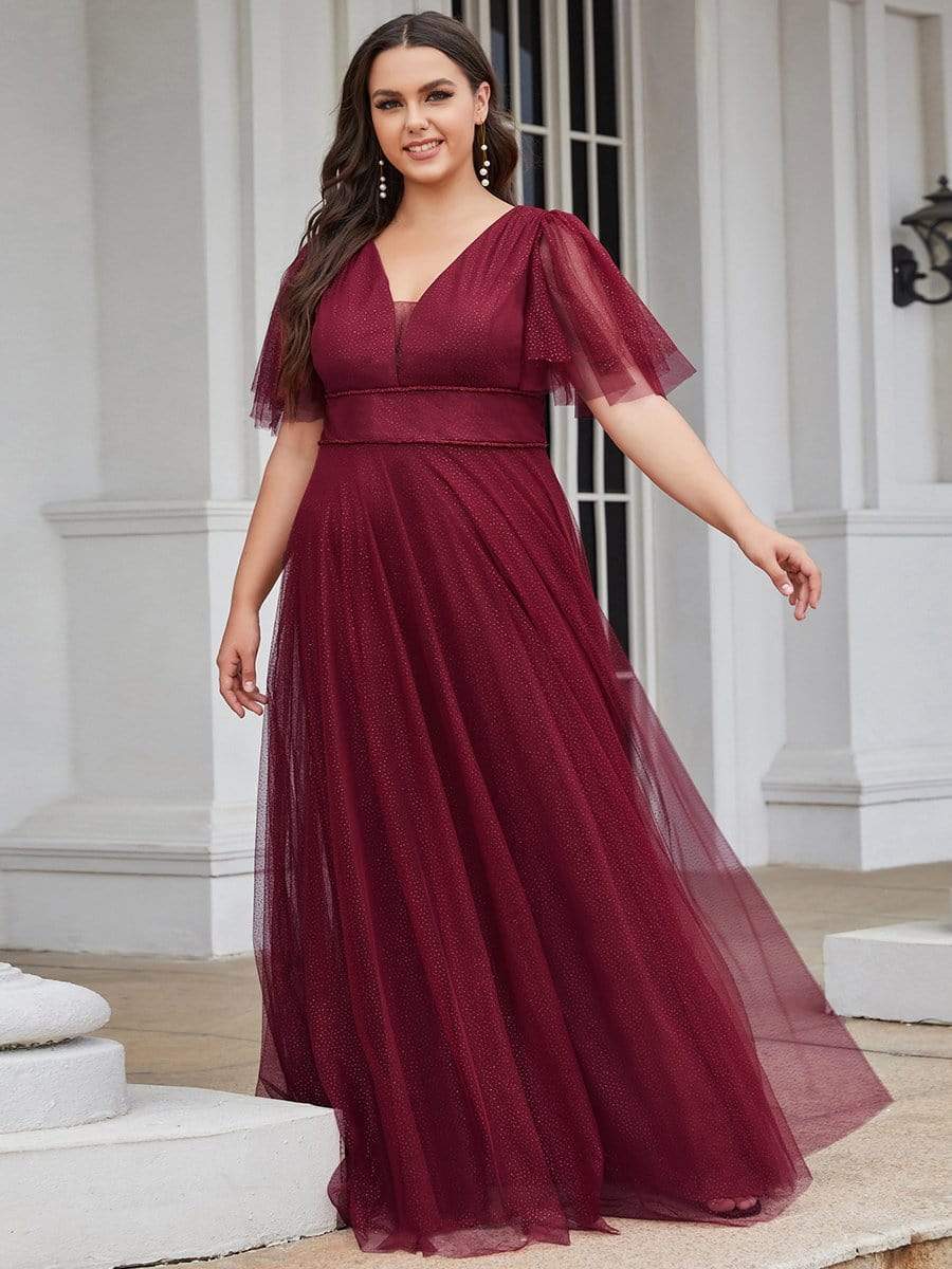 Plus Size V Neck Tulle Formal Evening Dress with Ruffle Sleeves DRE230972213BDG16 DarkRed / 16