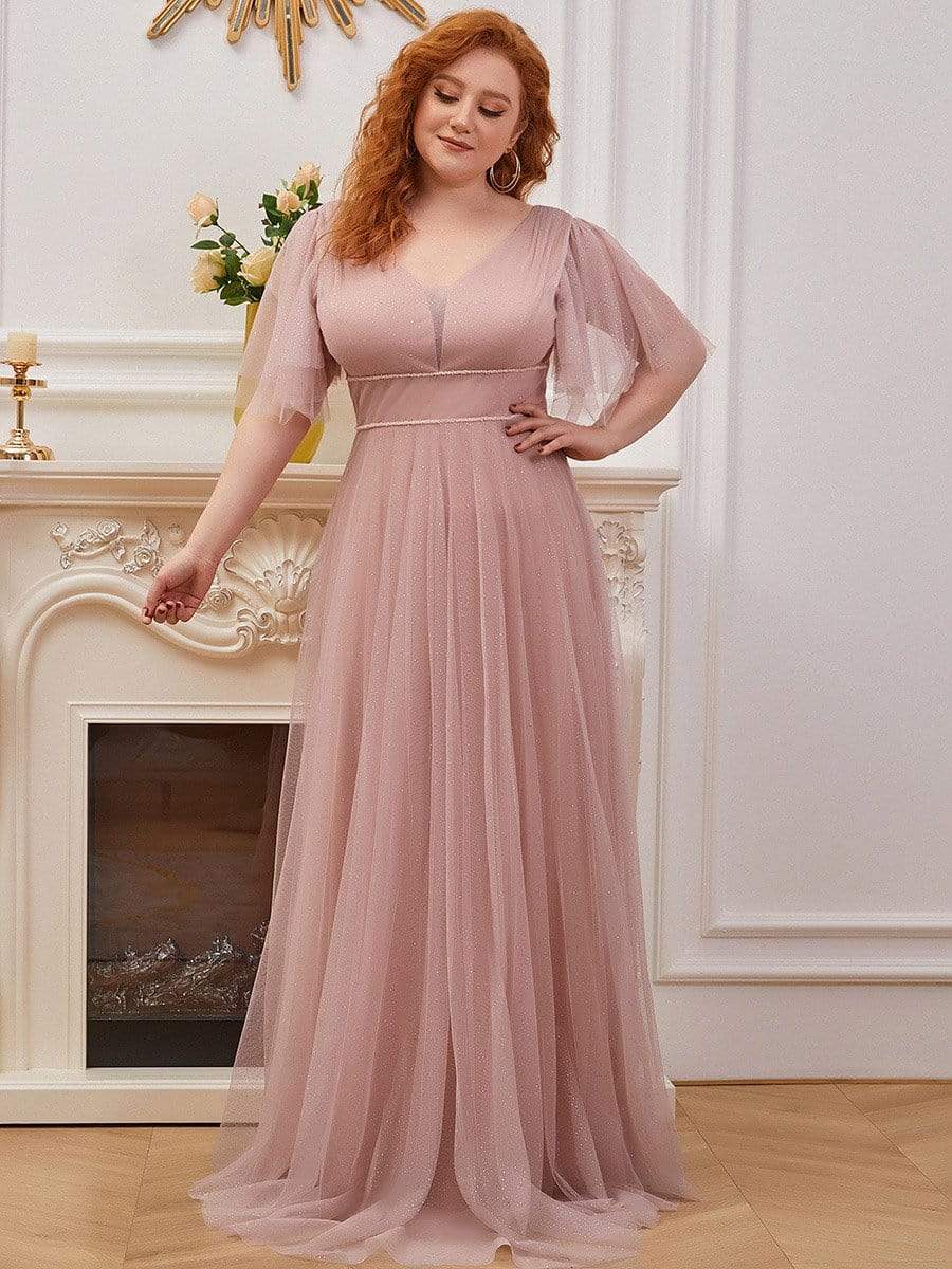 Plus Size V Neck Tulle Formal Evening Dress with Ruffle Sleeves DRE230972219PNK16 Pink / 16