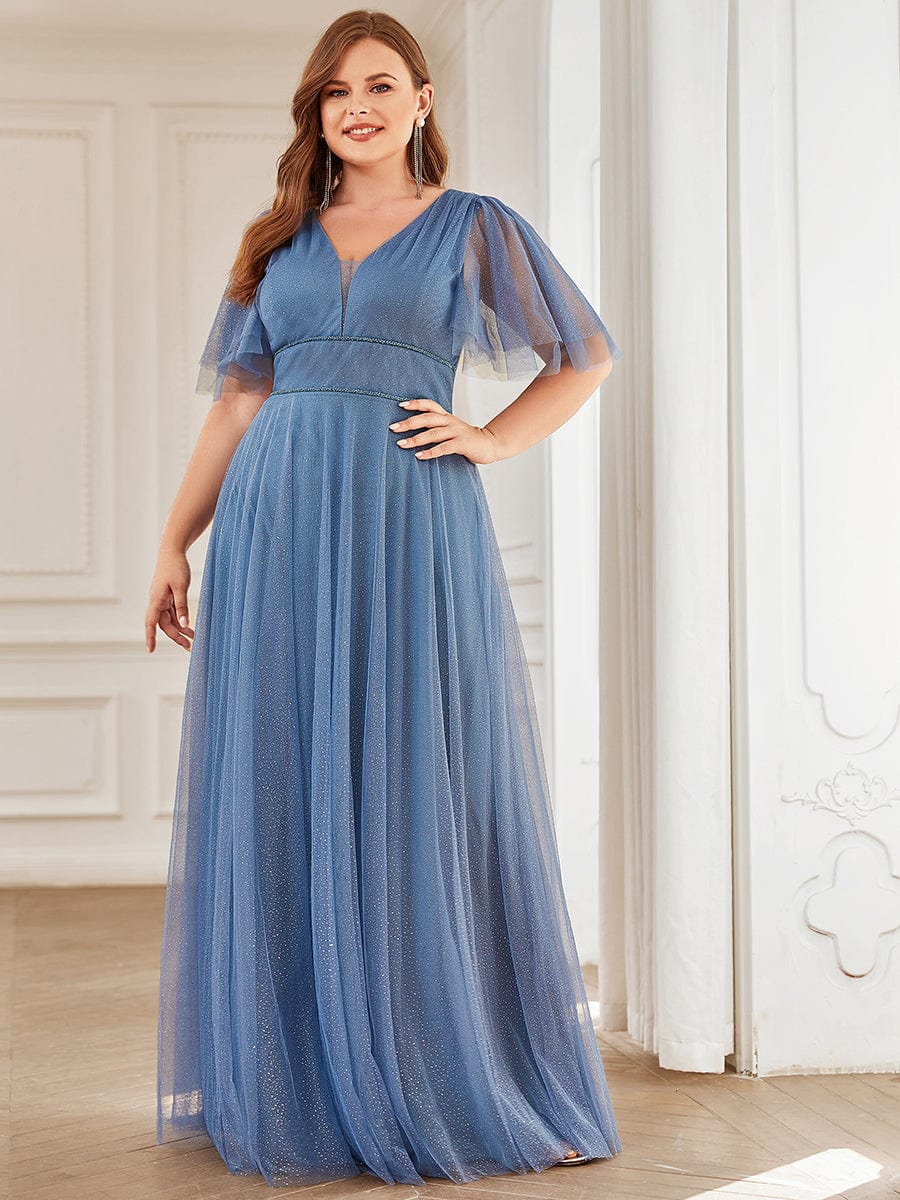 Plus Size V Neck Tulle Formal Evening Dress with Ruffle Sleeves DRE230972225DNV16 Blue / 16