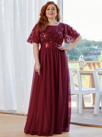 Plus Size Women's Embroidery Evening Dresses with Short Sleeve DRE230970125BDG16 DarkRed / 16